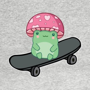 Kawaii Frog On Skateboard With Mushroom Hat T-Shirt